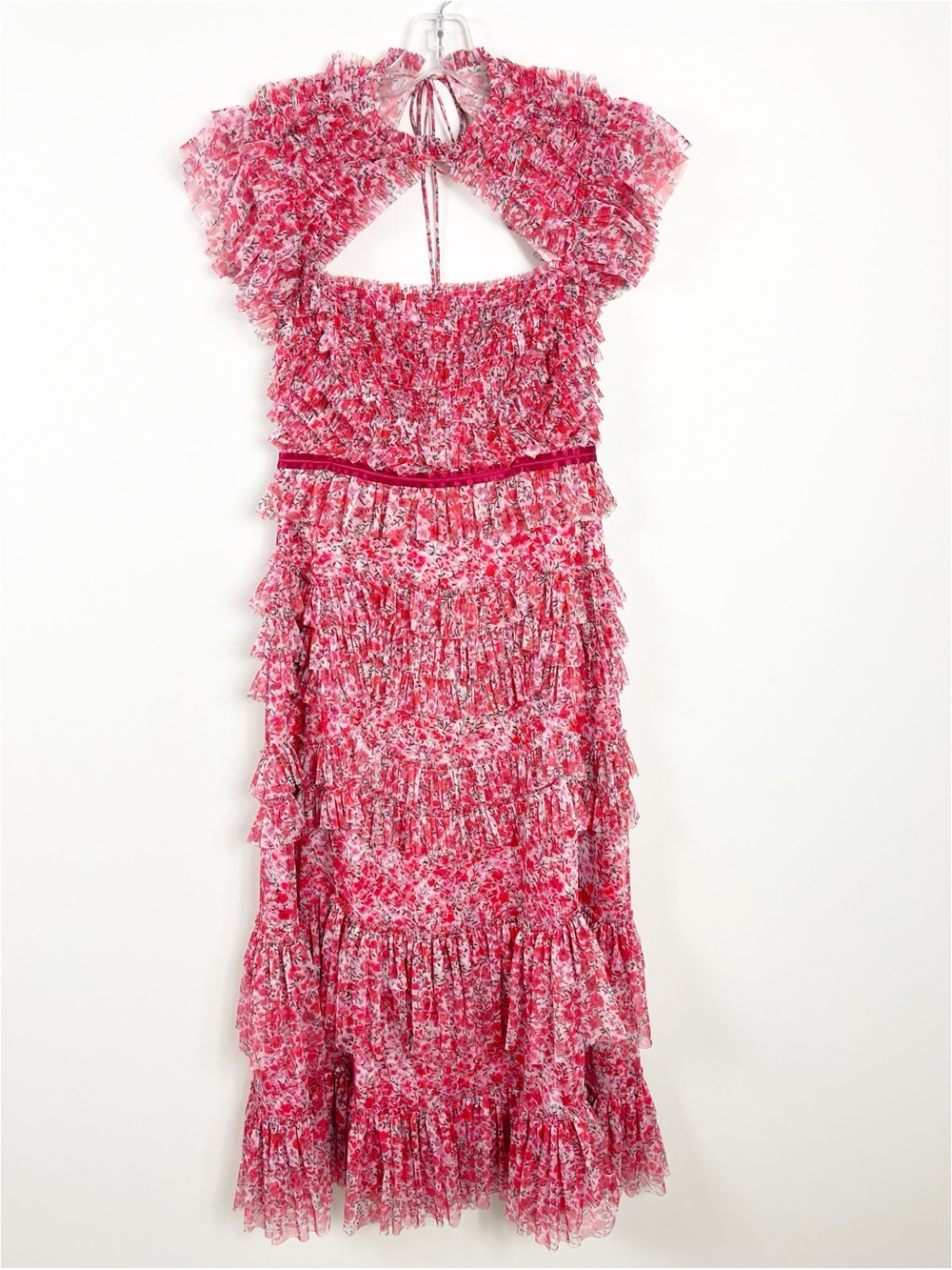 Mac Duggal 8133 Micro Floral Ruffle Tulle Midi Dress Size 2 NWT Pink Multi